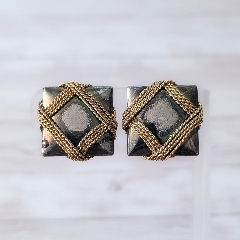 Vintage Clip On Earrings Dark Metal & Gold Tone Statement - Condition Issues
